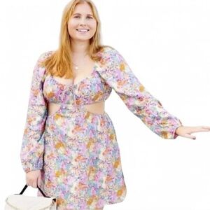 Wild Fable Dress Sz L Floral Multicolor Cutout Linen Blend Feminine Vacation